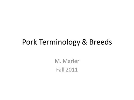 Pork Terminology & Breeds M. Marler Fall 2011. Swine Terminology Boar-Mature male pig Sow-Mature female pig Barrow-Castrated male pig Gilt-Young, immature.