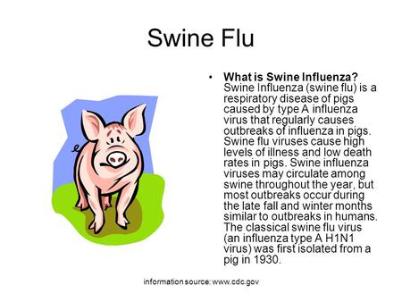 Information source: www.cdc.gov Swine Flu What is Swine Influenza? Swine Influenza (swine flu) is a respiratory disease of pigs caused by type A influenza.
