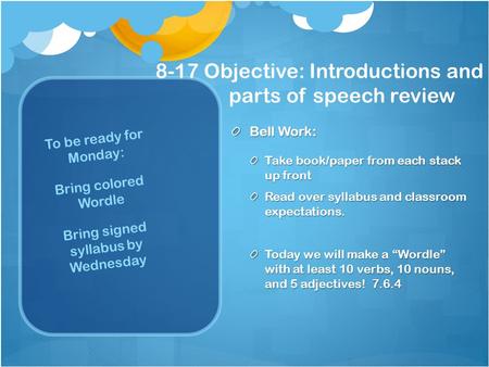8-17 Objective: Introductions and parts of speech review