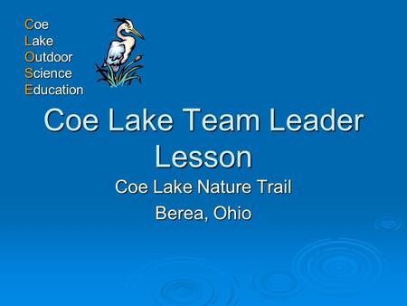 Coe Lake Team Leader Lesson Coe Lake Nature Trail Berea, Ohio Coe Lake Outdoor Science Education.