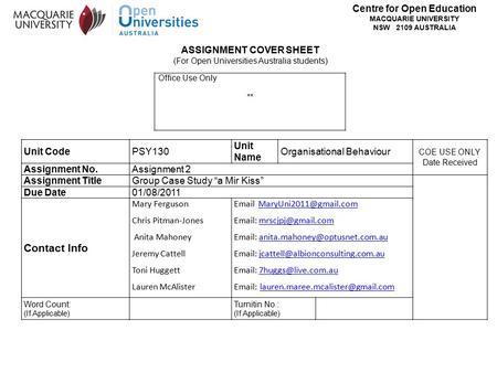 Centre for Open Education MACQUARIE UNIVERSITY NSW 2109 AUSTRALIA Office Use Only ** ASSIGNMENT COVER SHEET (For Open Universities Australia students)