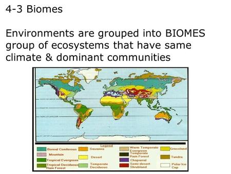 4-3 Biomes Environments are grouped into BIOMES group of ecosystems that have same climate & dominant communities.