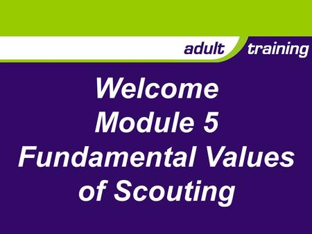 Welcome Module 5 Fundamental Values of Scouting. Aim To explore the link between the values expressed in the Purpose and Method of Scouting and a balanced.