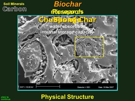 Research micropores Chunks of Char Soil Minerals click to continue Physical Structure SpongeBiochar internal storage capacity water absorbtion.