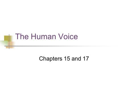 The Human Voice Chapters 15 and 17. Main Vocal Organs Lungs Reservoir and energy source Larynx Vocal folds Cavities: pharynx, nasal, oral Air exits through.