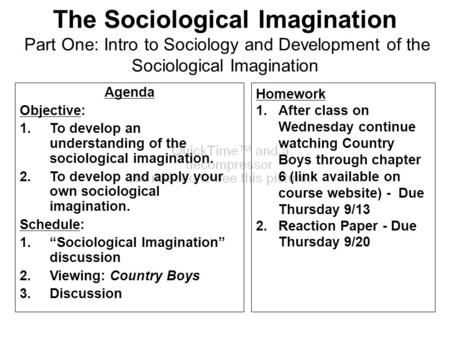 The Sociological Imagination Part One: Intro to Sociology and Development of the Sociological Imagination Agenda Objective: 1.To develop an understanding.