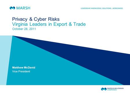 Privacy & Cyber Risks Virginia Leaders in Export & Trade October 28, 2011 Matthew McDavid Vice President.