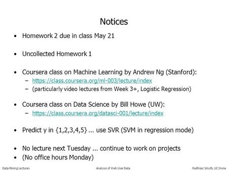 Notices Homework 2 due in class May 21 Uncollected Homework 1