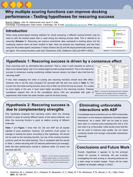 Why multiple scoring functions can improve docking performance - Testing hypotheses for rescoring success Noel M. O’Boyle, John W. Liebeschuetz and Jason.