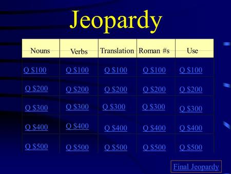 Jeopardy Nouns Verbs TranslationRoman #s Use Q $100 Q $200 Q $300 Q $400 Q $500 Q $100 Q $200 Q $300 Q $400 Q $500 Final Jeopardy.