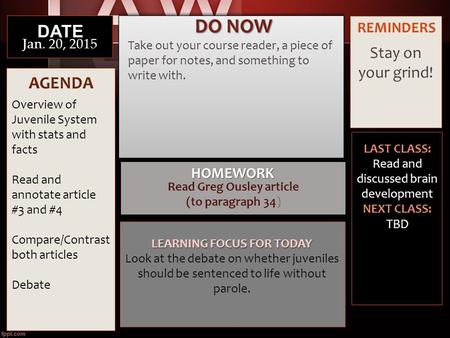 AGENDA Overview of Juvenile System with stats and facts Read and annotate article #3 and #4 Compare/Contrast both articles Debate LEARNING FOCUS FOR TODAY.