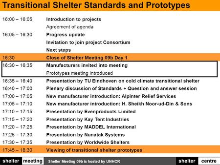 Shelter Meeting 09b is hosted by UNHCR 16:00 – 16:05Introduction to projects Agreement of agenda 16:05 – 16:30Progress update Invitation to join project.
