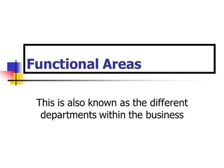 Functional Areas This is also known as the different departments within the business.