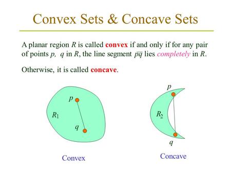 Convex Sets & Concave Sets A planar region R is called convex if and only if for any pair of points p, q in R, the line segment pq lies completely in R.