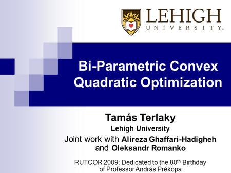 Bi-Parametric Convex Quadratic Optimization Tamás Terlaky Lehigh University Joint work with Alireza Ghaffari-Hadigheh and Oleksandr Romanko RUTCOR 2009: