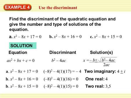 EXAMPLE 4 Use the discriminant Find the discriminant of the quadratic equation and give the number and type of solutions of the equation. a. x 2 – 8x +