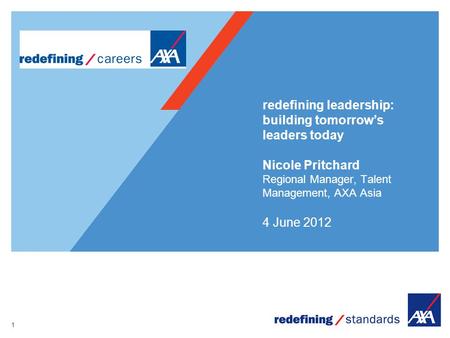 1 redefining leadership: building tomorrow’s leaders today Nicole Pritchard Regional Manager, Talent Management, AXA Asia 4 June 2012.