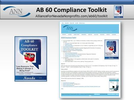 AB 60 Compliance Toolkit AllianceForNevadaNonprofits.com/ab60/toolkit.