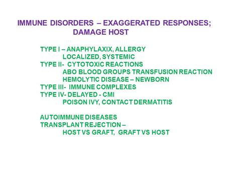 IMMUNE DISORDERS – EXAGGERATED RESPONSES; DAMAGE HOST