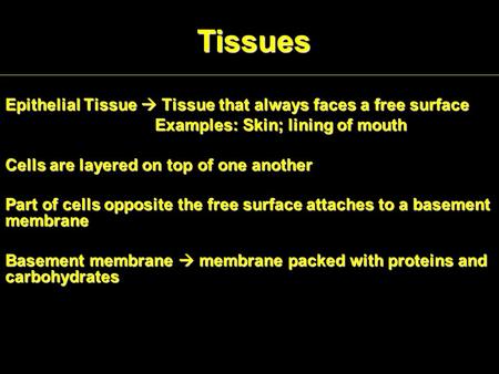 Tissues Epithelial Tissue  Tissue that always faces a free surface Examples: Skin; lining of mouth Examples: Skin; lining of mouth Cells are layered on.