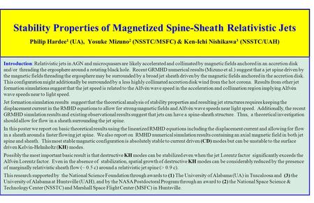 Stability Properties of Magnetized Spine-Sheath Relativistic Jets Philip Hardee 1 (UA), Yosuke Mizuno 2 (NSSTC/MSFC) & Ken-Ichi Nishikawa 3 (NSSTC/UAH)