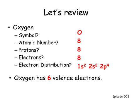 Let’s review Oxygen O 8 1s2 2s2 2p4 Oxygen has 6 valence electrons.