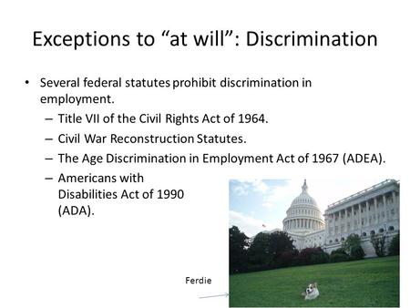 Several federal statutes prohibit discrimination in employment. – Title VII of the Civil Rights Act of 1964. – Civil War Reconstruction Statutes. – The.