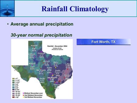 Rainfall Climatology Average annual precipitation 30-year normal precipitation.