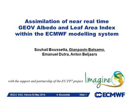 Slide 1 Assimilation of near real time GEOV Albedo and Leaf Area Index within the ECMWF modelling system Souhail Boussetta, Gianpaolo Balsamo, Emanuel.