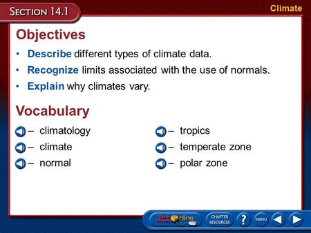 Objectives Vocabulary Describe different types of climate data.