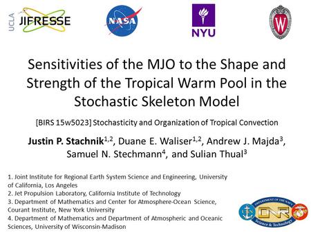 Sensitivities of the MJO to the Shape and Strength of the Tropical Warm Pool in the Stochastic Skeleton Model [BIRS 15w5023] Stochasticity and Organization.