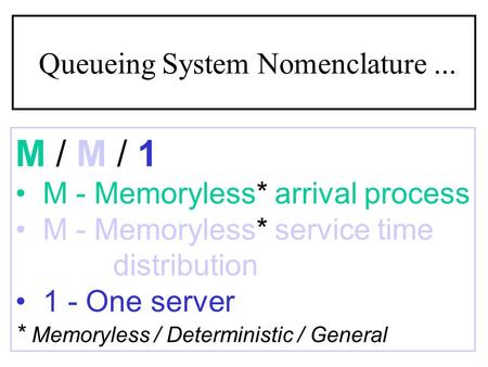 M / M / 1 M - Memoryless* arrival process M - Memoryless* service time distribution 1 - One server * Memoryless / Deterministic / General Queueing System.