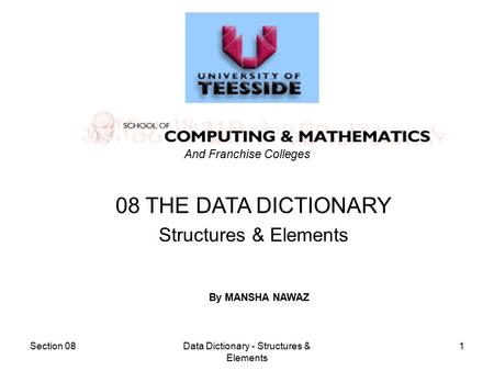 Section 08Data Dictionary - Structures & Elements 1 08 THE DATA DICTIONARY Structures & Elements And Franchise Colleges By MANSHA NAWAZ.