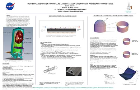 HEAT EXCHANGER DESIGN FOR SMALL TO LARGE SCALE LOX-LH2 CRYOGENIC PROPELLANT STORAGE TANKS Justin McCabe Mentor: Dr. Ed Canavan AETD/Code 552 - Cryogenics.