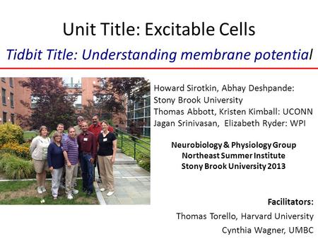 Unit Title: Excitable Cells Tidbit Title: Understanding membrane potential Facilitators: Thomas Torello, Harvard University Cynthia Wagner, UMBC Howard.