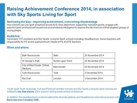 Raising Achievement Conference 2014, in association with Sky Sports Living for Sport Narrowing the Gap - improving achievement, overcoming disadvantage.