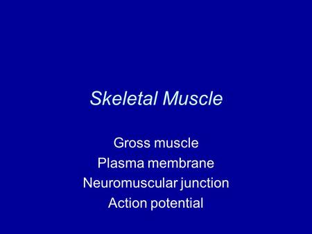 Skeletal Muscle Gross muscle Plasma membrane Neuromuscular junction Action potential.