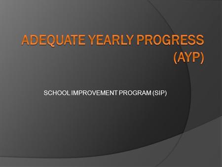 SCHOOL IMPROVEMENT PROGRAM (SIP). AYP INDICATORS, COMPONENTS AND STANDARDS  Reading/ELA  Performance: 87% Proficiency Rate  Participation: 95% Participating.