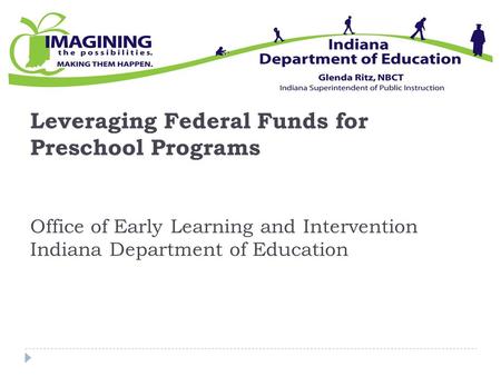 Leveraging Federal Funds for Preschool Programs Office of Early Learning and Intervention Indiana Department of Education.