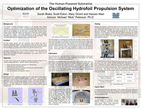 Optimization of the Oscillating Hydrofoil Propulsion System Sarah Blake, Scott Eaton, Mary Girard and Hassan Mazi Advisor: Michael “Mick” Peterson, Ph.D.