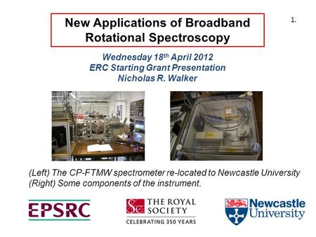 New Applications of Broadband Rotational Spectroscopy Wednesday 18 th April 2012 ERC Starting Grant Presentation Nicholas R. Walker (Left) The CP-FTMW.