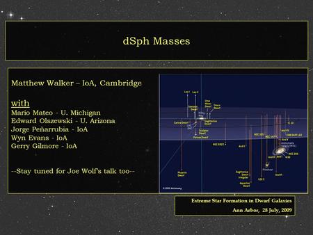 dSph Masses Matthew Walker – IoA, Cambridge with Mario Mateo - U. Michigan Edward Olszewski - U. Arizona Jorge Peñarrubia - IoA Wyn.