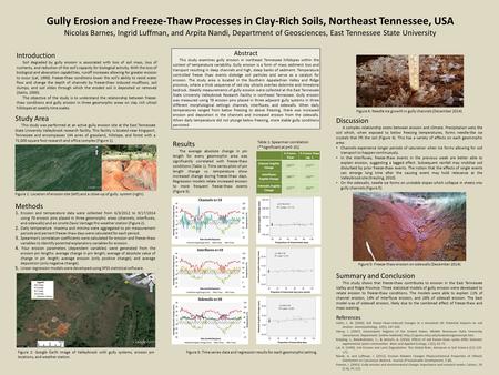 Gully Erosion and Freeze-Thaw Processes in Clay-Rich Soils, Northeast Tennessee, USA Nicolas Barnes, Ingrid Luffman, and Arpita Nandi, Department of Geosciences,