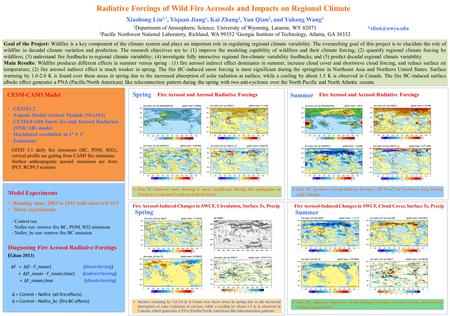 Radiative Forcings of Wild Fire Aerosols and Impacts on Regional Climate Xiaohong Liu 1,*, Yiquan Jiang 1, Kai Zhang 2, Yun Qian 2, and Yuhang Wang 3 1.