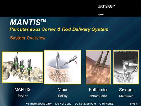 Spine For Internal Use Only Do Not Copy Do Not Distribute Confidential6/06 v.1 MANTIS TM Percutaneous Screw & Rod Delivery System · System Overview · Sextant.