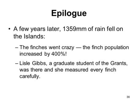 Epilogue A few years later, 1359mm of rain fell on the Islands: –The finches went crazy — the finch population increased by 400%! –Lisle Gibbs, a graduate.