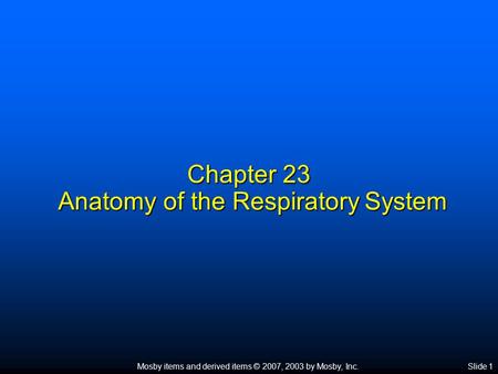 Mosby items and derived items © 2007, 2003 by Mosby, Inc.Slide 1 Chapter 23 Anatomy of the Respiratory System.