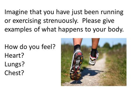 Imagine that you have just been running or exercising strenuously. Please give examples of what happens to your body. How do you feel? Heart? Lungs? Chest?
