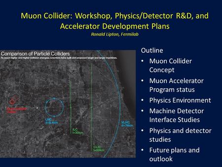 Muon Collider: Workshop, Physics/Detector R&D, and Accelerator Development Plans Ronald Lipton, Fermilab Outline Muon Collider Concept Muon Accelerator.