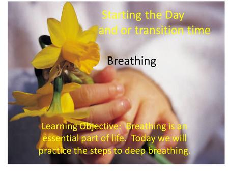 Starting the Day and or transition time Breathing Learning Objective: Breathing is an essential part of life. Today we will practice the steps to deep.
